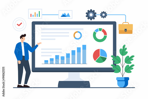 Flat illustration of analyst reviewing performance metrics on real-time project dashboard for efficiency
