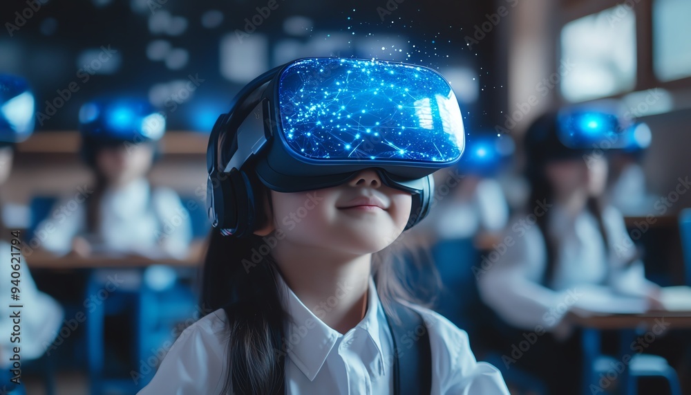 Student with VR headset in a classroom, utilizing AI artificial intelligence technology and machine learning, highlighting interactive and smart tech with a blue hologram Student with VR headset in a classroom, utilizing AI artificial intelligence technology and machine learning, highlighting interactive and smart tech with a blue hologram