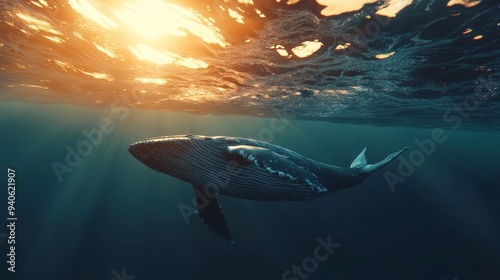 A majestic whale swimming beneath the sunlit surface of the ocean.