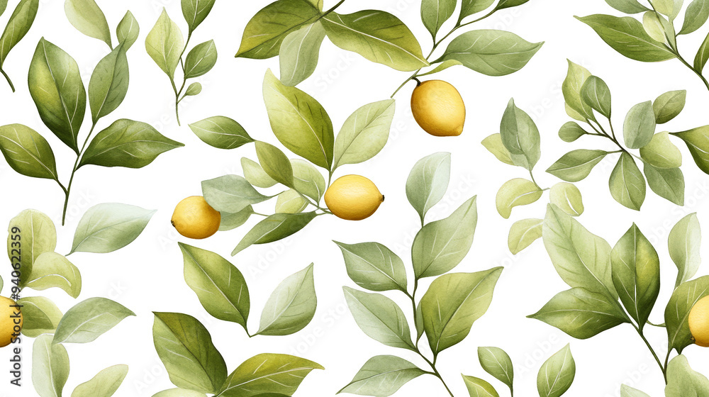 Watercolor Lemon Tree Branch with Green Leaves Seamless Pattern Watercolor Lemon Tree Branch with Green Leaves Seamless Pattern