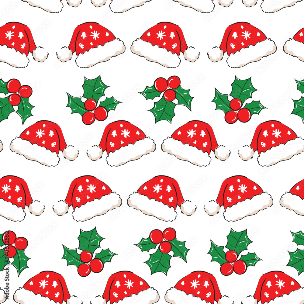 Christmas background, hand drawn seamless pattern with simple Christmas elements red hat and decor leaves vector illustration design Christmas background, hand drawn seamless pattern with simple Christmas elements red hat and decor leaves vector illustration design