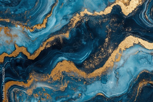 Processed collage of luxurious ocean blue and gold ink marble texture. Background for banner, backdrop or texture for 3D mapping , ai