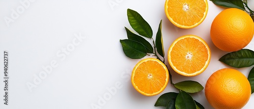  A collection of oranges arranged together on a pristine white tabletop, accompanied by verdant green leafy branches above