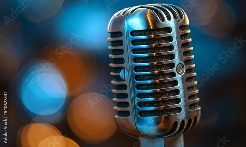 Close-up of a vintage silver microphone with a blurred background of orange and blue lights.