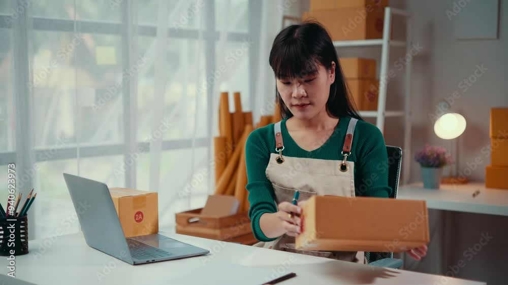 Asian businesswoman prepares packages for shipment while working in her home office. Smiling and using a laptop, she manages her small business with confidence and independence Asian businesswoman prepares packages for shipment while working in her home office. Smiling and using a laptop, she manages her small business with confidence and independence