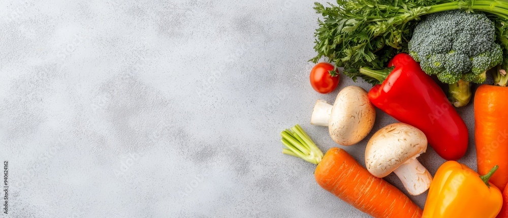 A table laden with various veggies atop a white countertop Next to it, carrots and broccoli are arranged A table laden with various veggies atop a white countertop Next to it, carrots and broccoli are arranged