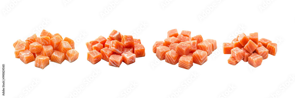 Set the salmon meat cubes, isolated on a white background Set the salmon meat cubes, isolated on a white background