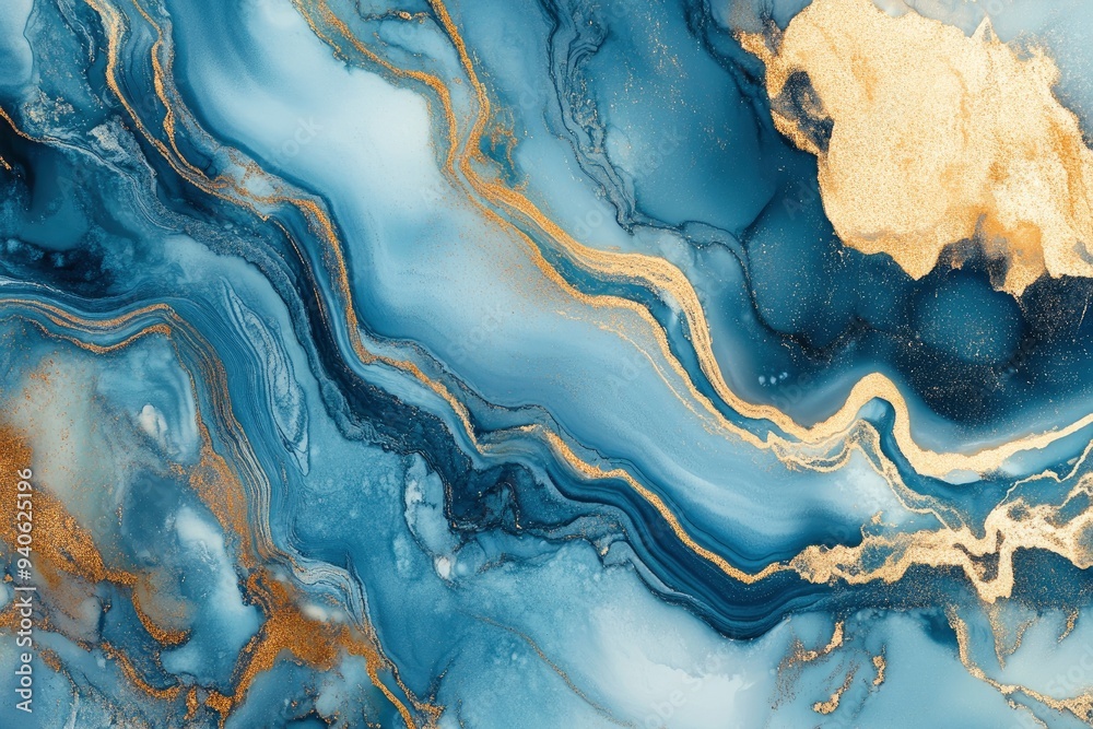 Processed collage of luxurious ocean blue and gold ink marble texture. Background for banner, backdrop or texture for 3D mapping , ai Processed collage of luxurious ocean blue and gold ink marble texture. Background for banner, backdrop or texture for 3D mapping , ai