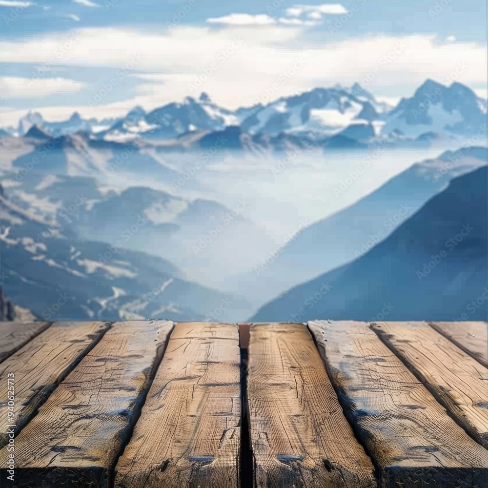 Rustic wooden deck overlooking a stunning mountain range. Blurred background with rocky peaks and green valleys. Nature and outdoor concept. Rustic wooden deck overlooking a stunning mountain range. Blurred background with rocky peaks and green valleys. Nature and outdoor concept.