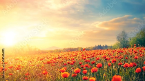 Vibrant Orange Poppies Field at Sunset Landscape Generative AI