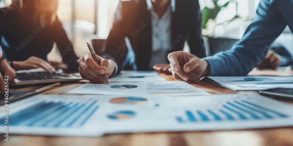 Business professionals engaged in a formal meeting discussing data analysis and solutions in a modern office setting Business professionals engaged in a formal meeting discussing data analysis and solutions in a modern office setting