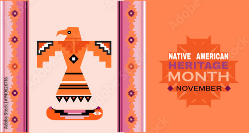 Native American Heritage Month in November Celebrate annual in United States. Tradition geometrical ornament pattern. Poster, card, banner and background  holiday American Indian culture. Vector