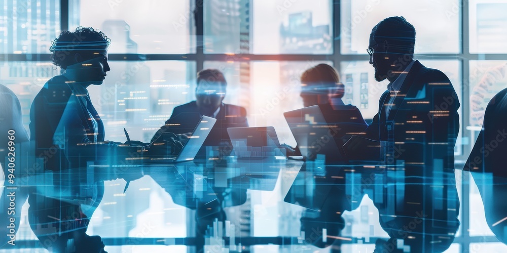 Double exposure of a business meeting with professionals discussing data analysis and strategy in a modern office Double exposure of a business meeting with professionals discussing data analysis and strategy in a modern office