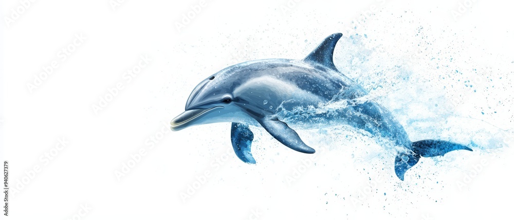 Obraz premium A dolphin leaps from the water, spraying a splash behind it, revealing its head above the surface