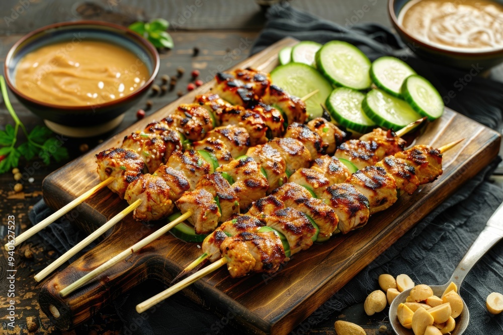 Grilled chicken skewers with cucumber and peanut sauce