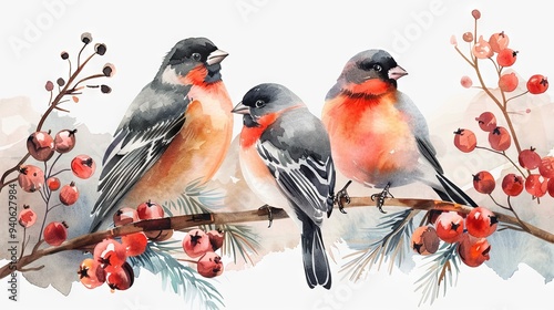 Watercolor bullfinches in Christmas style photo