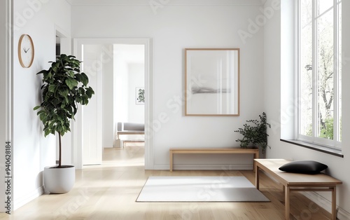 Minimalist entryway with natural light, wooden furniture, plants, and white walls, creating a serene and welcoming ambiance. photo