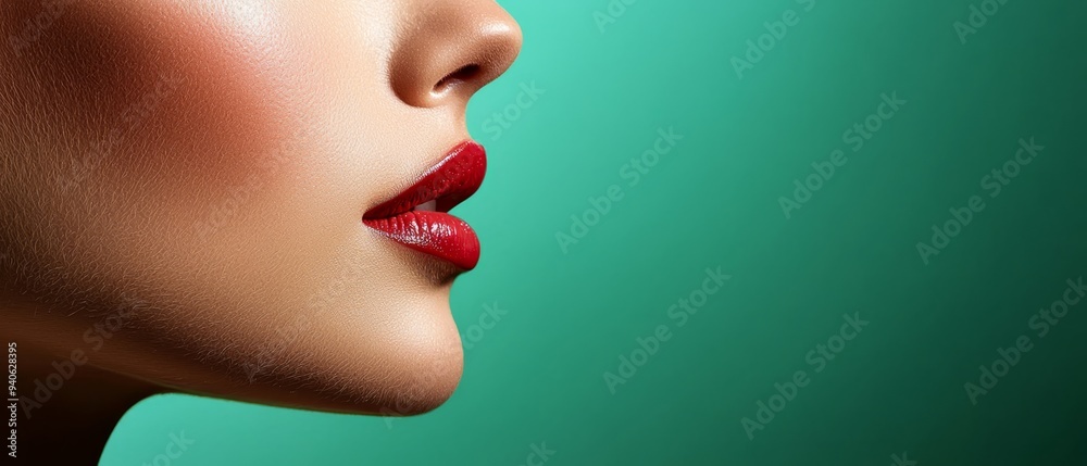 Close-up of a woman's face against a green backdrop, her bright red lips prominent Close-up of a woman's face against a green backdrop, her bright red lips prominent