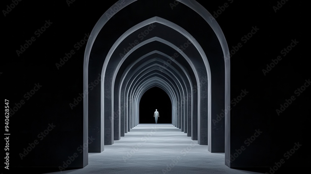 Fototapeta premium Haunted hallway, gothic arches, phantom lurking, 3D illustration