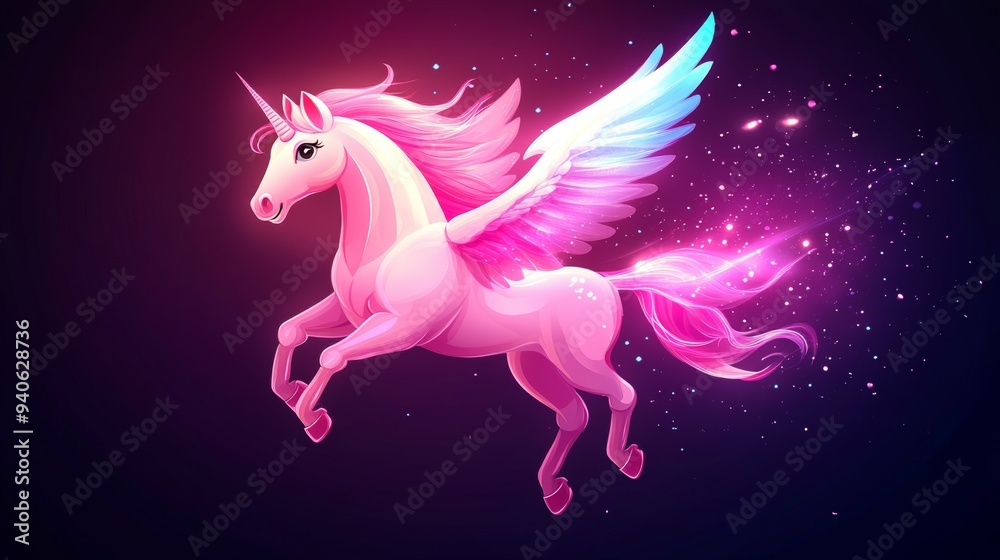 Magical Winged Unicorn Pony, Cute Flying Horse with Pink Wings, Fantasy Creature Generative AI Magical Winged Unicorn Pony, Cute Flying Horse with Pink Wings, Fantasy Creature Generative AI
