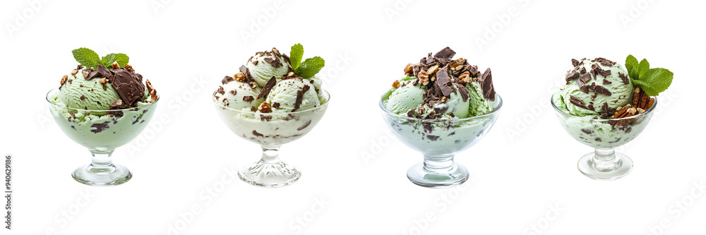 Set Mint ice cream with chocolate and mint leaves in a glass bowl, isolated on a white background