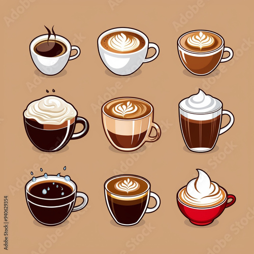 illustration featuring a collection of coffee icons, each representing a different type of coffee.