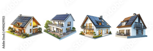 Set 3D model of a modern family house with solar panels on the roof, isolated on a white background.