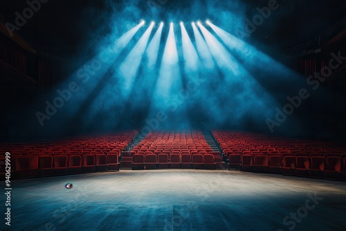Empty theater stage with dramatic lighting beaming onto red seating area, creating an atmosphere of anticipation and excitement for the upcoming performance.