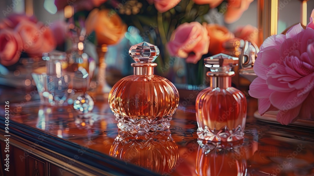 Various perfume bottles displayed on a vanity, with space available for text Various perfume bottles displayed on a vanity, with space available for text