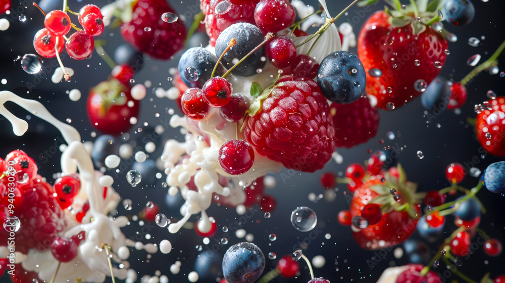 Milkshake with fresh berries. Close-up of a berry salad with strawberries, blueberries and raspberries on a black background. The berries float in a milky white liquid Milkshake with fresh berries. Close-up of a berry salad with strawberries, blueberries and raspberries on a black background. The berries float in a milky white liquid