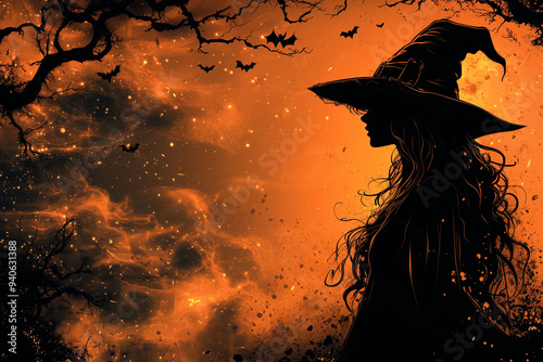 Halloween Witch on orange and black backgrounds large blank space in the center for text