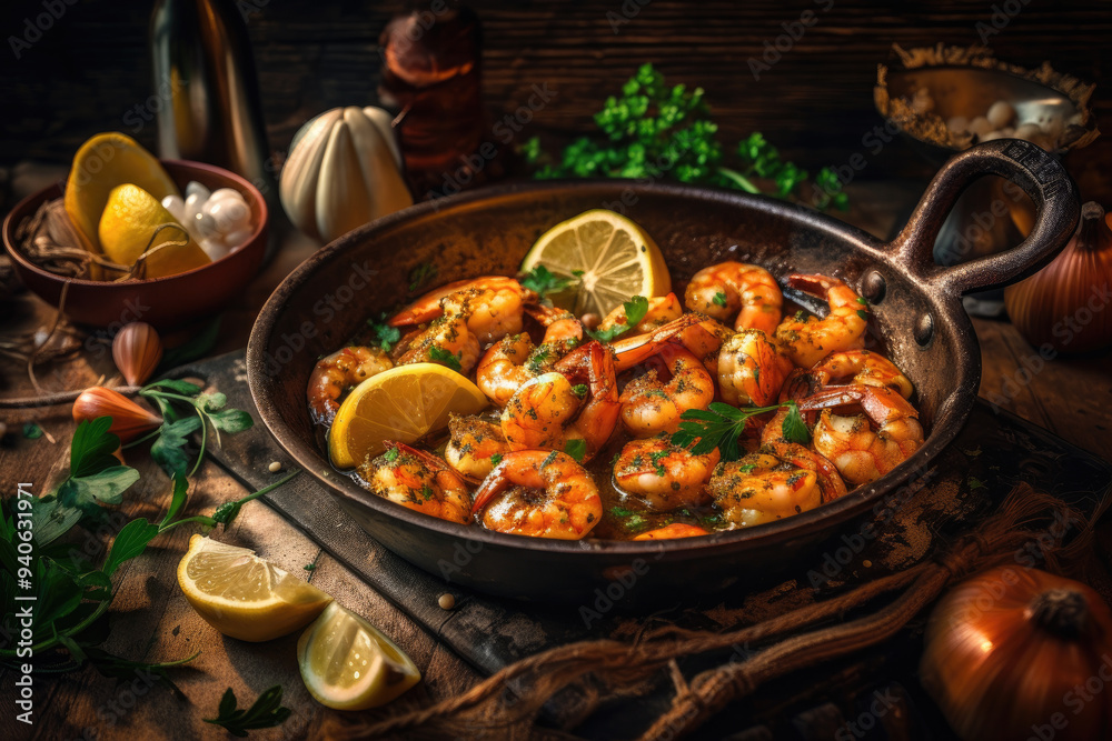 Garlic Butter Prawns - Prawns cooked in a rich and savory garlic butter sauce, served in a cast iron skillet. Detailed food photography capturing the golden, juicy prawns Garlic Butter Prawns - Prawns cooked in a rich and savory garlic butter sauce, served in a cast iron skillet. Detailed food photography capturing the golden, juicy prawns
