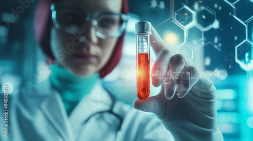 Scientist holding medical test tube of blood cell research for virus treatment or DNA in laboratory or science lab with modern technology