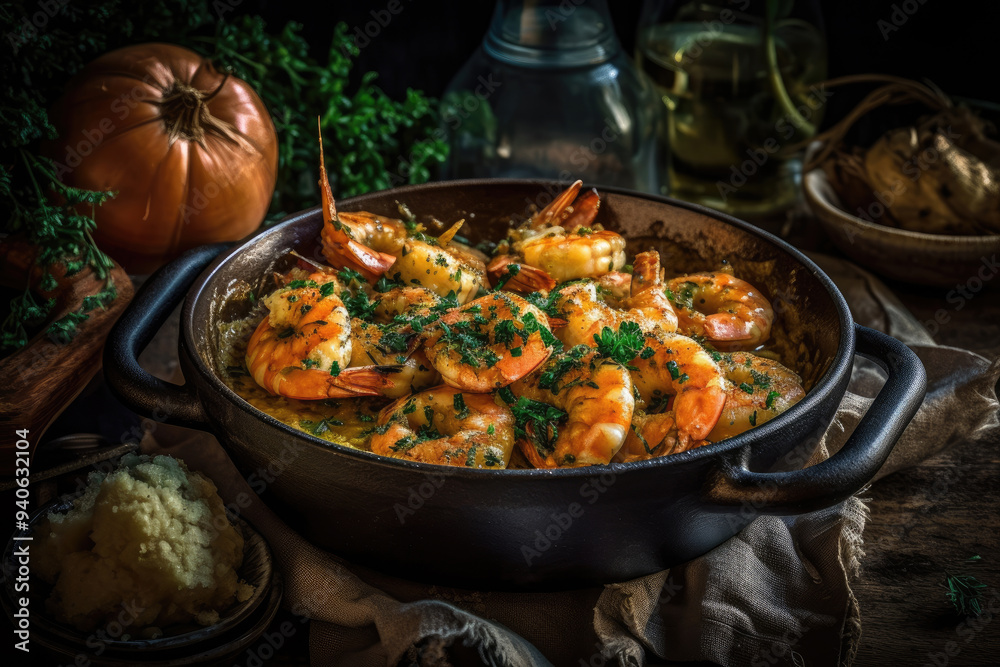 Garlic Butter Prawns - Prawns cooked in a rich and savory garlic butter sauce, served in a cast iron skillet. Detailed food photography capturing the golden, juicy prawns Garlic Butter Prawns - Prawns cooked in a rich and savory garlic butter sauce, served in a cast iron skillet. Detailed food photography capturing the golden, juicy prawns