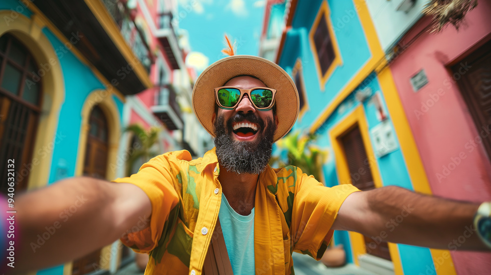 Men in colorful clothes are taking selfies, looking cheerful on the street. Men in colorful clothes are taking selfies, looking cheerful on the street.