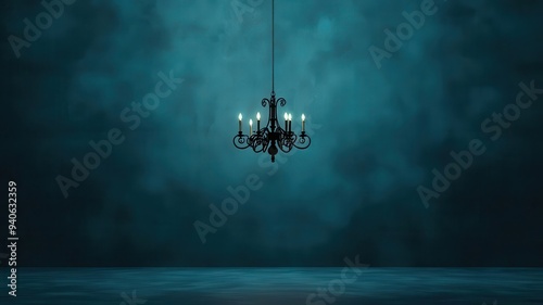 Phantom chandelier, gothic ballroom, flickering candles, 3D illustration