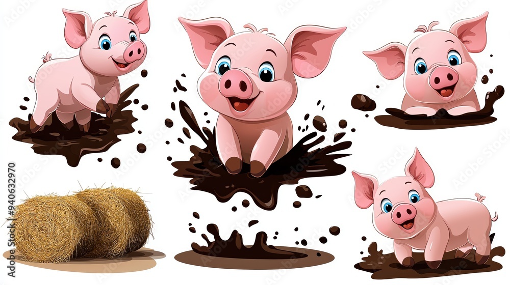 Playful cartoon pigs splashing in mud with hay bales, perfect for fun farm-themed designs and children's projects.
