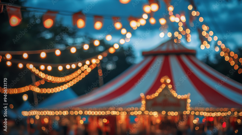 A small circus tent set against the backdrop of an evening sky, with a warm, inviting glow emanating from a row of lights strung around its perimeter. The tent, with its traditional red and white stri A small circus tent set against the backdrop of an evening sky, with a warm, inviting glow emanating from a row of lights strung around its perimeter. The tent, with its traditional red and white stri