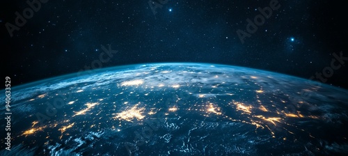Fototapeta Naklejka Na Ścianę i Meble -  Outer space planet earth with glow light from city. Generative AI technology.	
