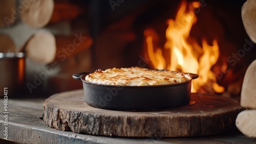 Moussaka being baked with visible flames, showcasing the bubbling and golden top layer. photo