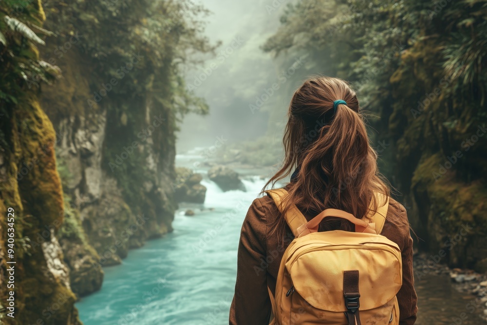 Fototapeta premium A Woman Hiking on a Trail Through a Lush Forest with a Mountain Stream Flowing Beside Her