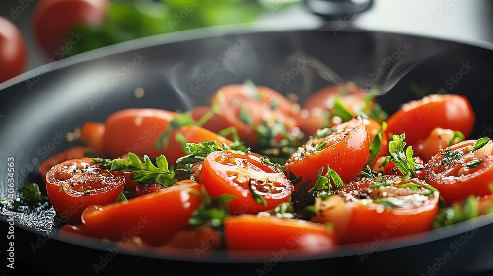 Tomato prepared in a kitchen with herbs and spices, showcasing a flavorful dish. Tomato prepared in a kitchen with herbs and spices, showcasing a flavorful dish.