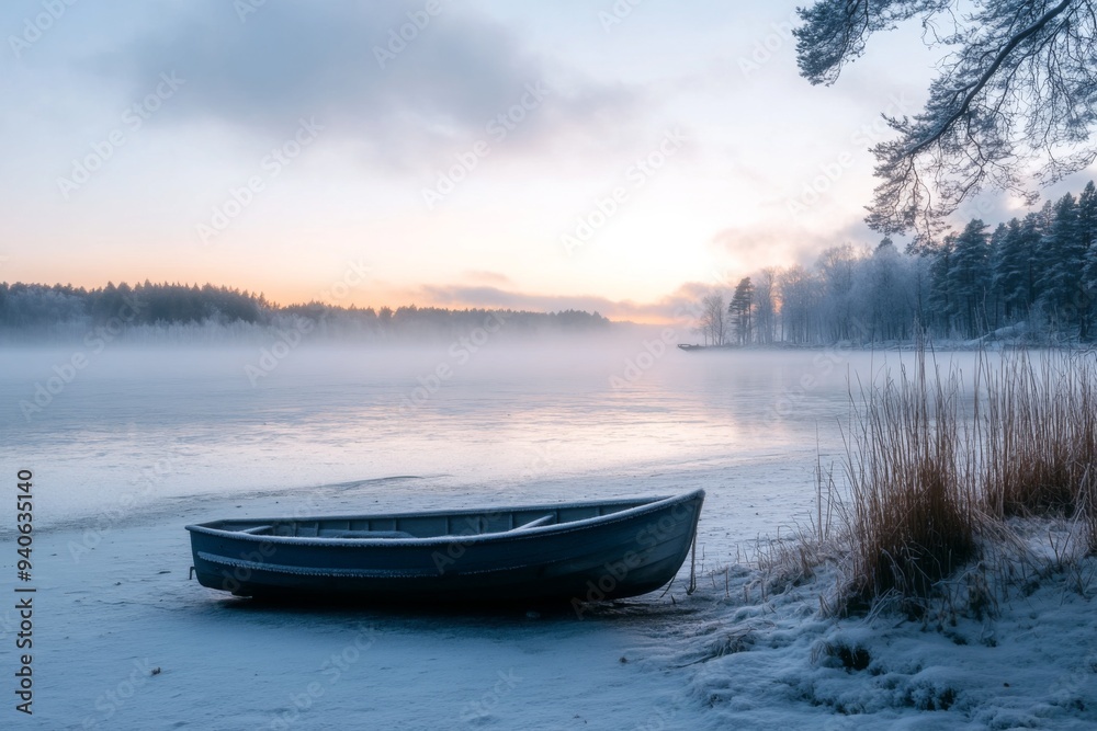 boat in winter on the shore of an icy lake boat in winter on the shore of an icy lake