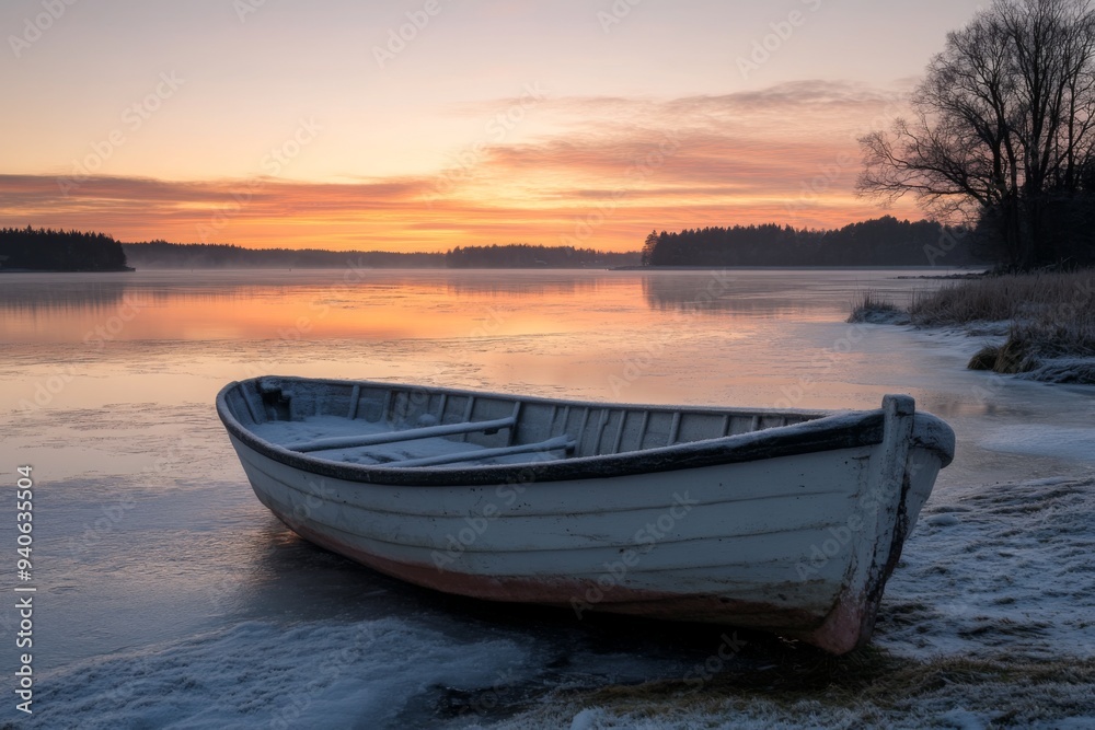 photo of wooden boat in winter on the shore of an icy lake photo of wooden boat in winter on the shore of an icy lake