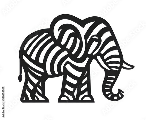 Stylized Black and White Elephant with Zebra Stripes: A Modern Graphic Representation