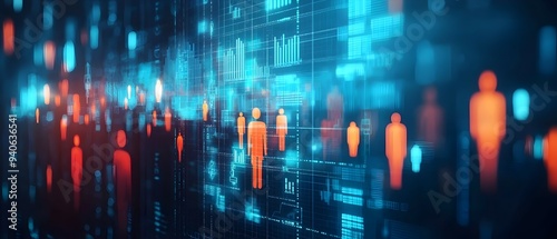 Futuristic digital visualization of economic policy influencing employment rates and workforce trends depicted through abstract data charts graphs and icons in a dynamic colorful conceptual design