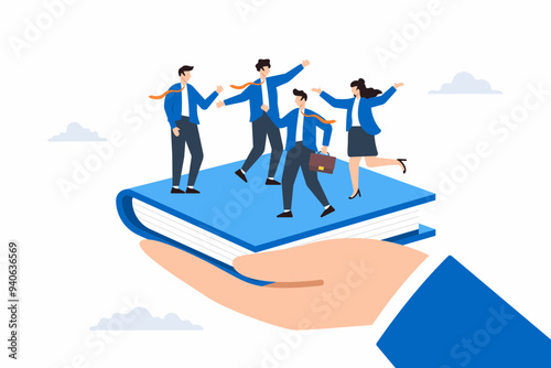 Flat illustration of businessman hand holding handbook with new employees