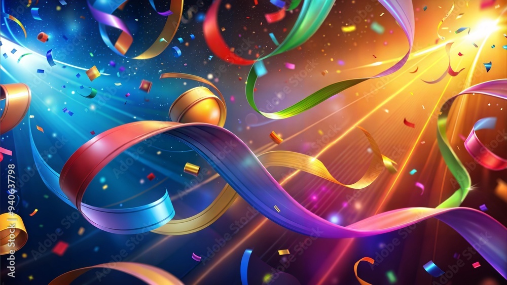 Colorful ribbons and confetti swirling in the air with vibrant lighting Colorful ribbons and confetti swirling in the air with vibrant lighting
