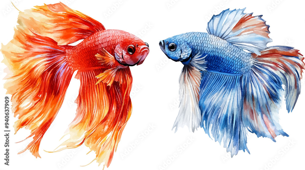 Fototapeta premium Watercolor painting of two colorful male fighting fish on a white background.