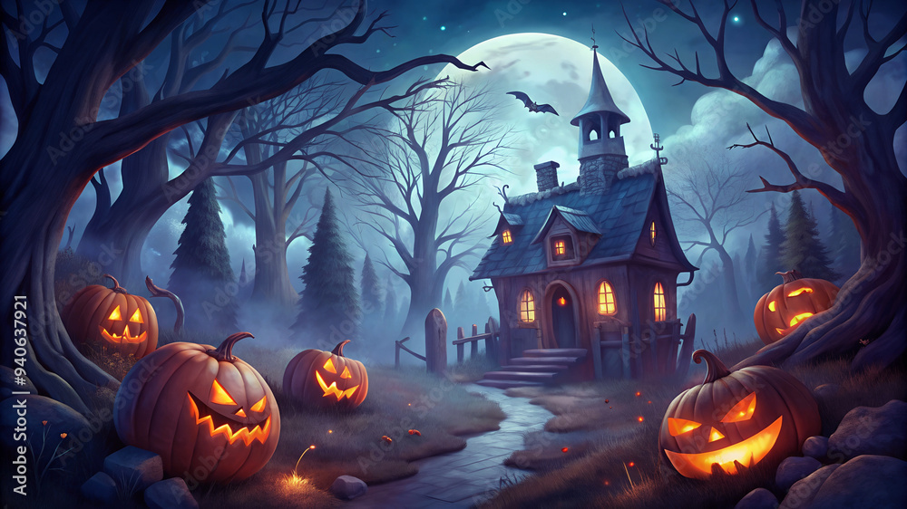 Halloween background with pumpkins and haunted house, Spooky scary Night forest